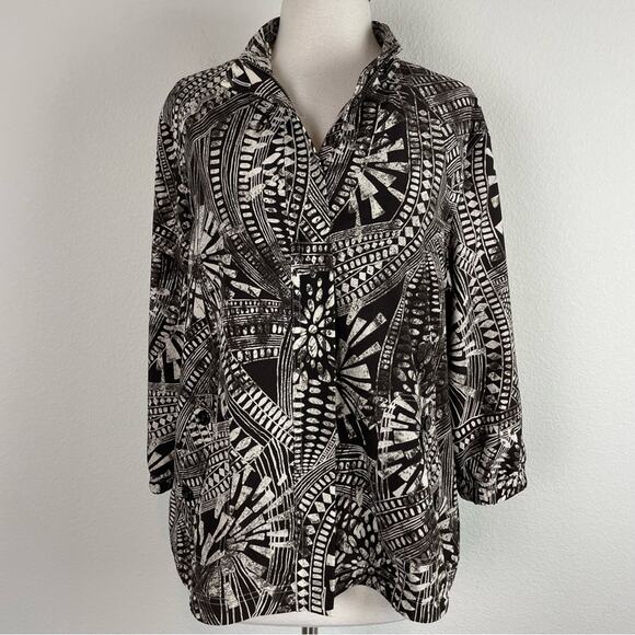 Chico's Zenergy Brown Off White Print Zip 3/4 Sleeve Jacket 2 - Picture 2 of 8